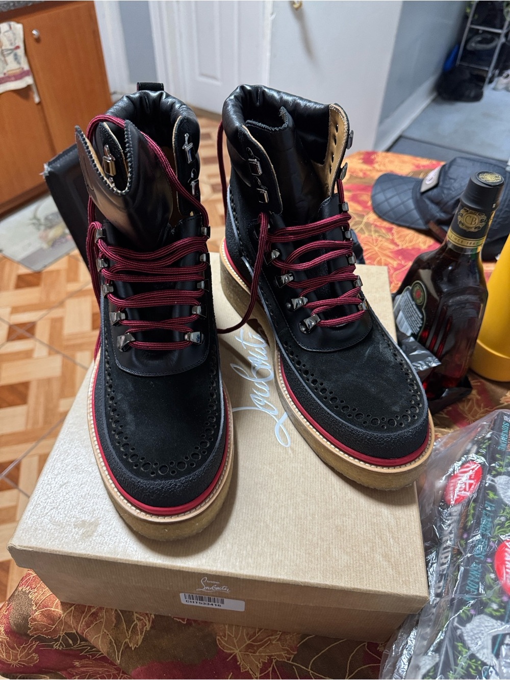 Christian Louboutin Black Suede & Leather Men’s Rugged Boots with Red Trim